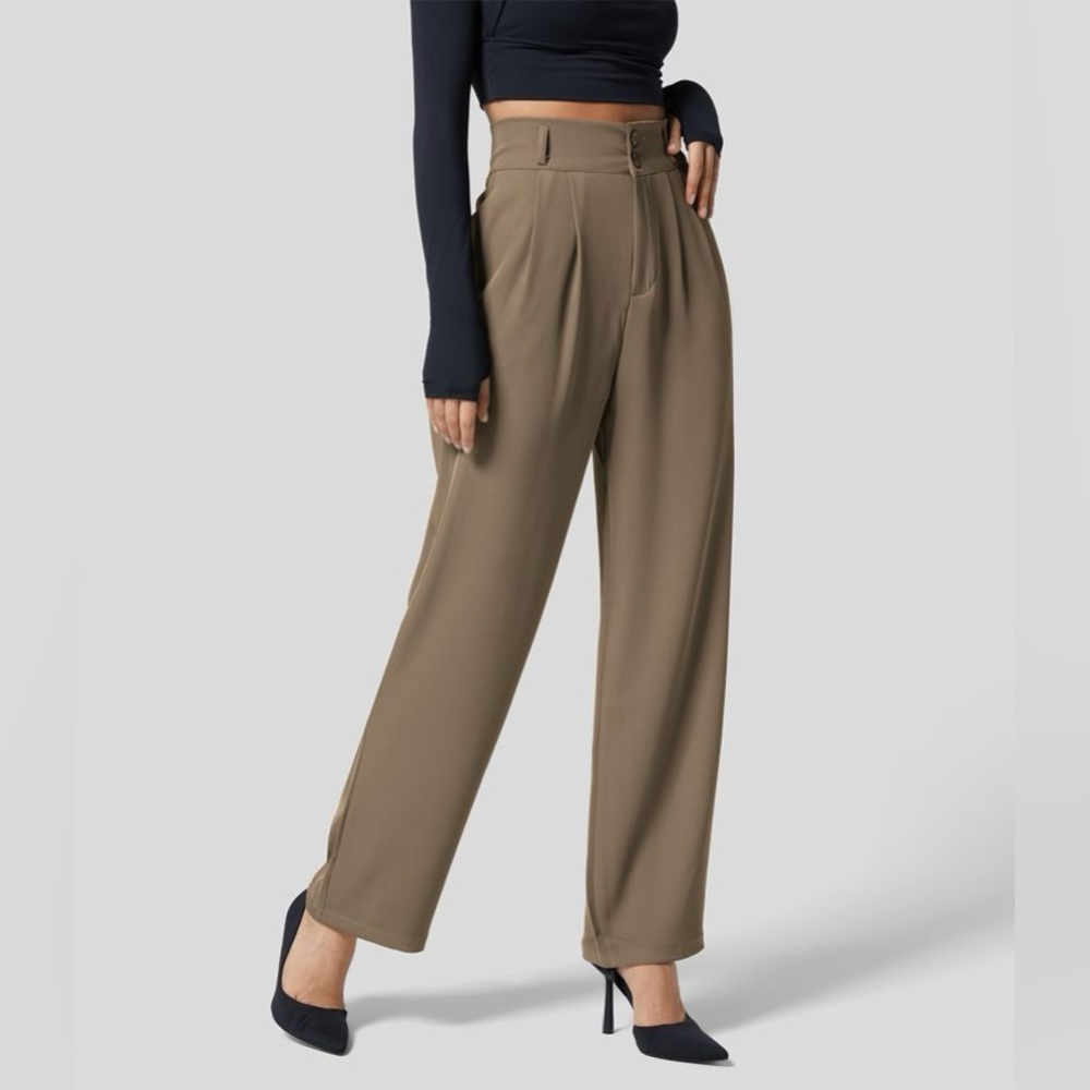 Halara Tan High Waisted Button Zipper Side Straight Leg Work Suit Pants!! NEW🤎